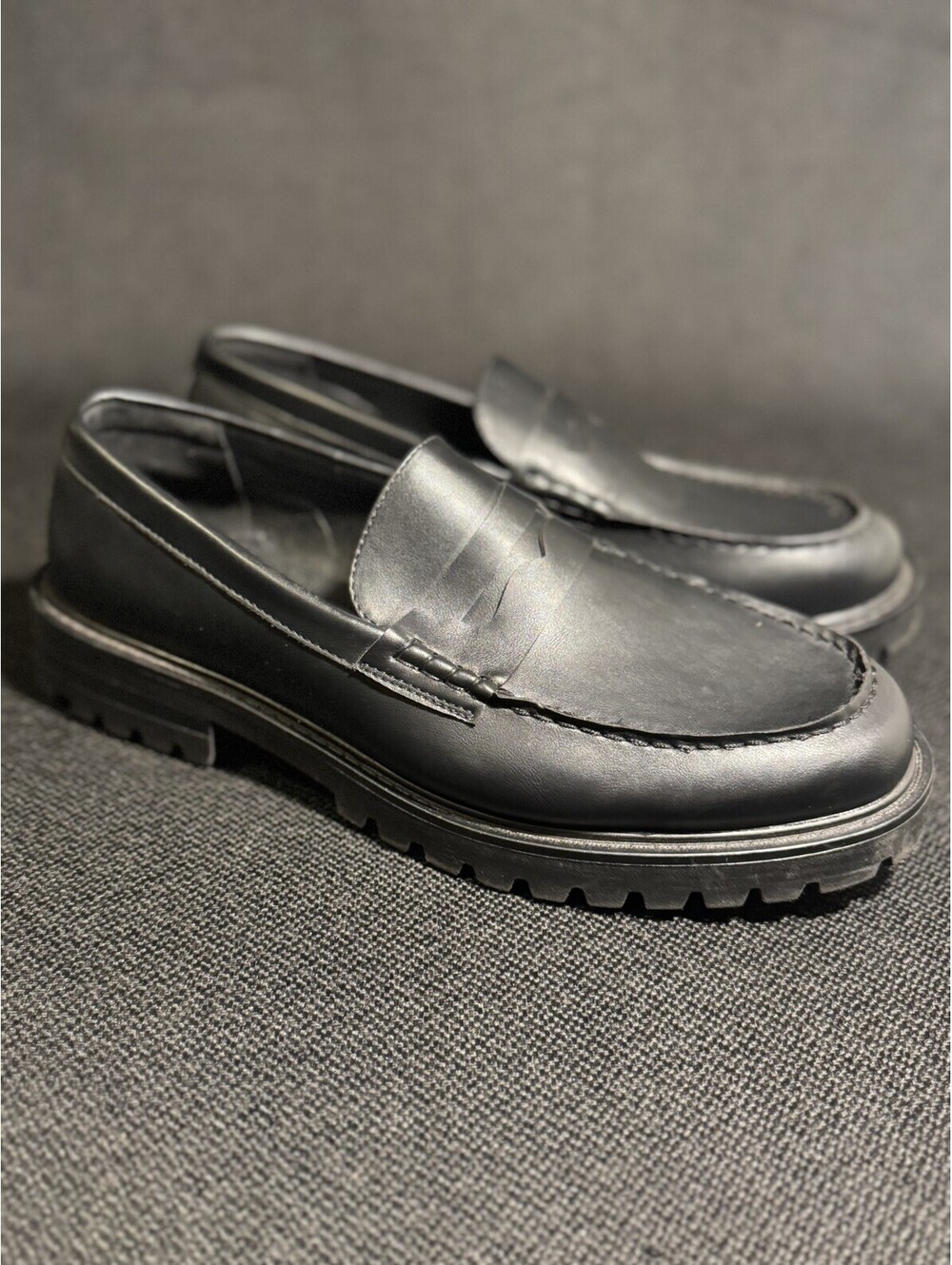 Primark Mens 13 Black Chunky Penny Loafers Memory Foam Lug Sole Shoes